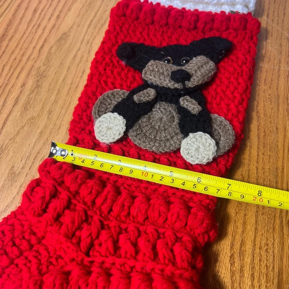 Crocheted Teddy Bear Christmas Stocking Red Knit Holiday Rustic Farmhouse chunky